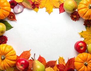 Colorful autumn leaves, pumpkins, apples, pears, and flowers frame a white background, perfect for a seasonal greeting