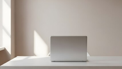 Sleek minimalist home office setup featuring a closed silver laptop on a clean white desk, bathed in natural sunlight and soft shadows from a window, ideal for remote work.