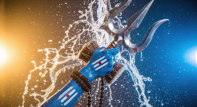 Shiva's Sacred Trident and Damaru Amidst Dynamic Water Splash