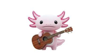 Cute Pink Axolotl Playing Ukulele