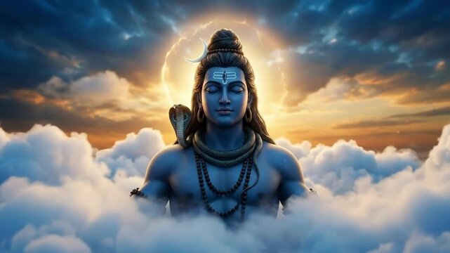 Serene blue lord shiva is digitally illustrated meditating among dramatic clouds, honoring shivaratri in a spiritual twilight sky.
