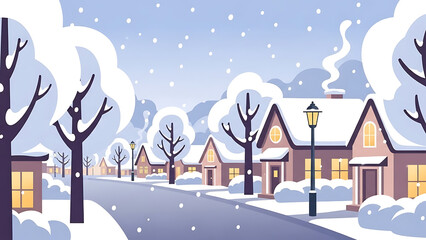 Fototapeta premium Snowflakes fall gently on a quiet residential street lined with houses, trees, and street lamps on a winter evening.