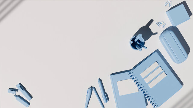 Blue school supplies corner flat lay with notebook 3D render