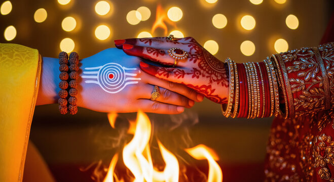 Sacred Hindu Wedding Ritual: Hands Clasped Over Holy Fire