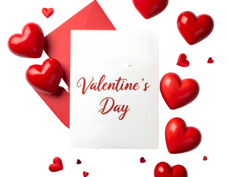 Romantic Valentine's Day Greeting Card with valentine's day elegant text and Red Hearts isolated on transparent png - Powered by Adobe