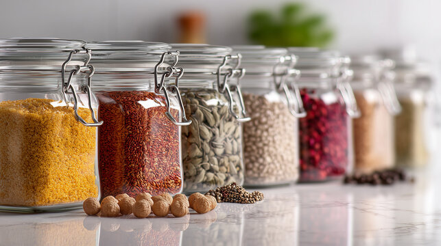 Spices and grains in glass jars on a kitchen counter - Powered by Adobe