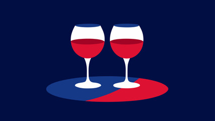 A Celebratory and Minimalist Flat Illustration Featuring Two Wine Glasses on a Red and Blue Patriotic Background for a Special Occasion