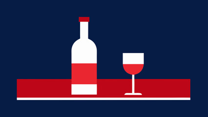 A Modern Conceptual Minimalist Illustration of a Wine Bottle and Glass in Bold Red, White, and Blue Colors
