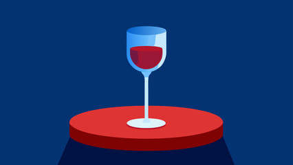 A modern elegant minimalist vector illustration of a sophisticated red wine glass on a display podium against a dark blue background