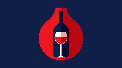 An elegant minimalist illustration depicting a stylized red wine bottle and glass within a modern creative shape on a sophisticated dark blue background.