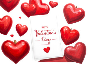 Romantic Valentine's Day Greeting Card with valentine's day elegant text and Red Hearts isolated on transparent png
