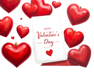 Romantic Valentine's Day Greeting Card with valentine's day elegant text and Red Hearts isolated on transparent png