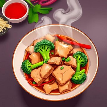 Pad Kana Moo Krob, a vibrant stir-fry of crispy pork and Chinese broccoli, perfect for a Thai street food menu illustration vector,  street food,  green