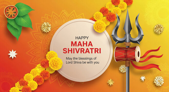 Happy Maha Shivratri Greeting with Shiva Symbols and Marigold Flowers