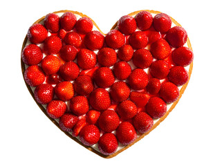 Strawberry cake in the shape of a heart, top view isolated on transparent png