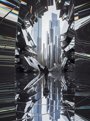 Exploring a Futuristic City Through a Shattered Crystal Landscape at Dusk