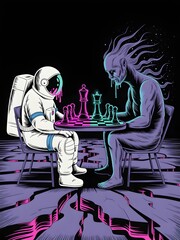 Cosmic Chess Match Between an Astronaut and an Otherworldly Being in a Surreal Universe