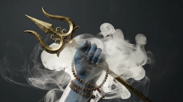 The mystical hand of lord shiva holds the golden trishula and mala, dramatically highlighted by white smoke against a dark background for shivaratri.
