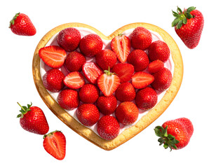 Strawberry cake in the shape of a heart, top view isolated on transparent png