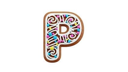 Fototapeta premium Gingerbread letter P with white icing and colorful candy balls