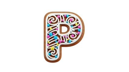 Gingerbread letter P with white icing and colorful candy balls