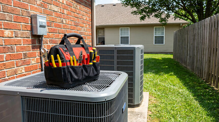 Professional HVAC service: Tool bag on outdoor AC unit for residential air conditioning repair and maintenance.