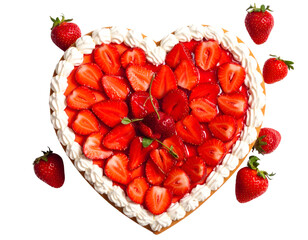 Strawberry cake in the shape of a heart, top view isolated on transparent png