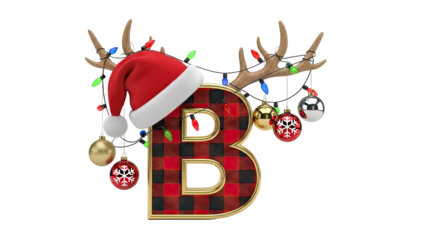 Christmas Letter B with Antlers, Santa Hat, Lights, and Ornaments