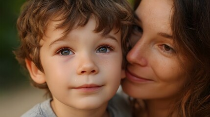 A mother shares a tender intimate moment with her young child illuminated by soft warm sunlight conveying deep affection love and a peaceful