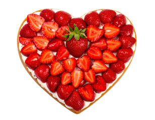 Strawberry cake in the shape of a heart, top view isolated on transparent png