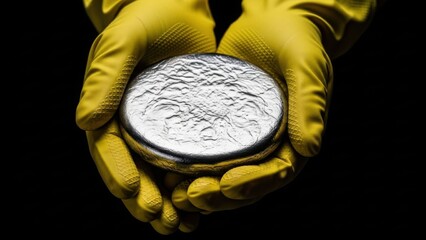Yellow gloved hands carefully hold a round, shiny metallic object against a dark background.