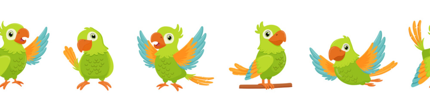Seamless border with cute green parrot character. Childish endless pattern isolated on white background