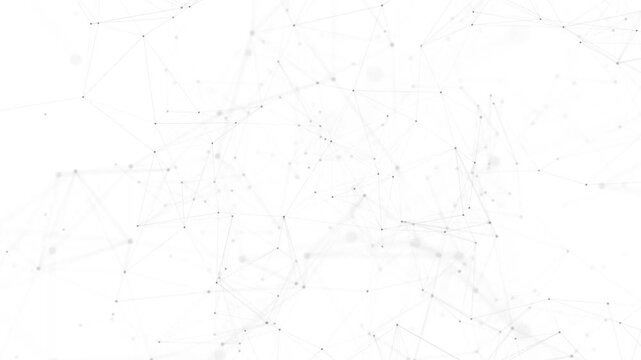 Abstract network of interconnected dots and lines forming a complex geometric structure with a clean white background representing data flow and digital connections