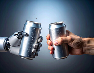 A human hand and a robot hand toast with cold, condensation-covered cans, highlighting the intersection of humanity and artificial intelligence in a modern world.
