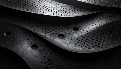 Wavy, dark metal surfaces with a texture of tiny holes and larger, round holes, layered and flowing in the composition