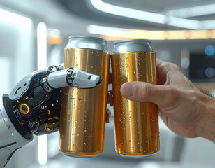 A human hand and a robotic hand clink golden, condensation-covered cans in a toast, symbolizing future collaboration and human-AI interaction.