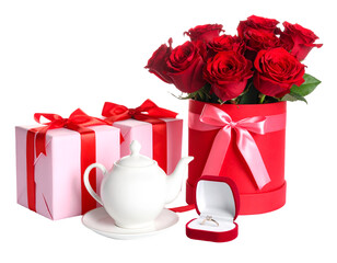 Vase with beautiful roses, engagement ring, and gifts for Valentine's Day isolated on transparent png