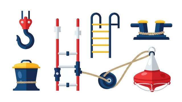 Collection of nautical tools, ropes, and boating equipment.