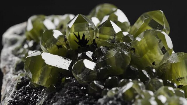 Close up of vivid green epidote crystals clustered on rock