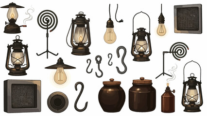 Collection of vintage oil lamps, kettles, and lanterns arranged in a nostalgic still life.
