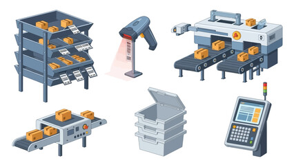 Isometric bakery scene with bread, pastries, oven, display shelves and cash register illustrations.