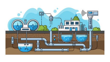 Illustration of a Water Treatment Plant with Pipes, Valves, and Piping Infrastructure Diagram.