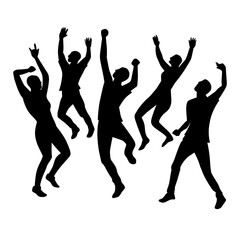 Dynamic black silhouettes of five people jumping and dancing in celebration. High-energy graphic for party, success, and group unity concepts against a neutral background.
