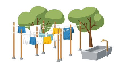 Outdoor laundry drying area with clothesline under trees in a courtyard.