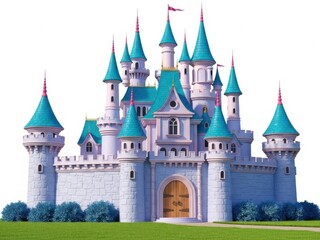 A large white castle with blue towers isolated on white background