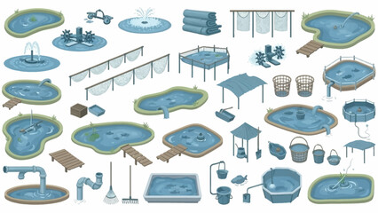 Collection of outdoor poolside amenities and leisure features including pools loungers umbrellas and decks.