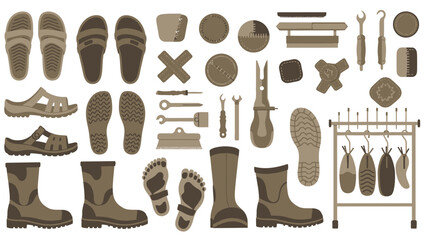 Diverse collection of vintage tools, footwear, and hardware silhouettes displayed as abstract brown shapes.