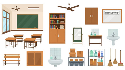 Inviting School Classroom Interior with Desks, Chalkboard, Bookshelves and Office Furniture.