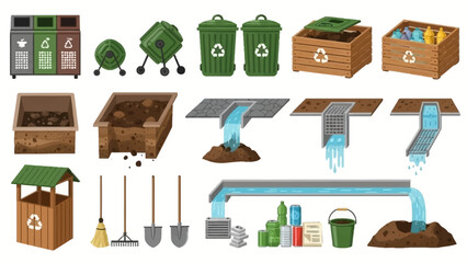 Diverse waste bins and recycling containers arranged for sorting and urban waste management.