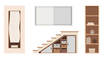 Minimalist modular indoor furniture and shelving icons in neutral tones.